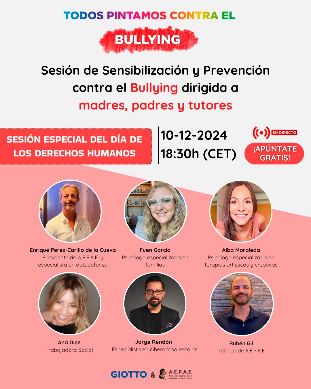 AEPAE y Giotto - Ponencia de sensibilización contra el acoso escolar para familias y tutores legales, con motivo del día de los Derechos Humanos